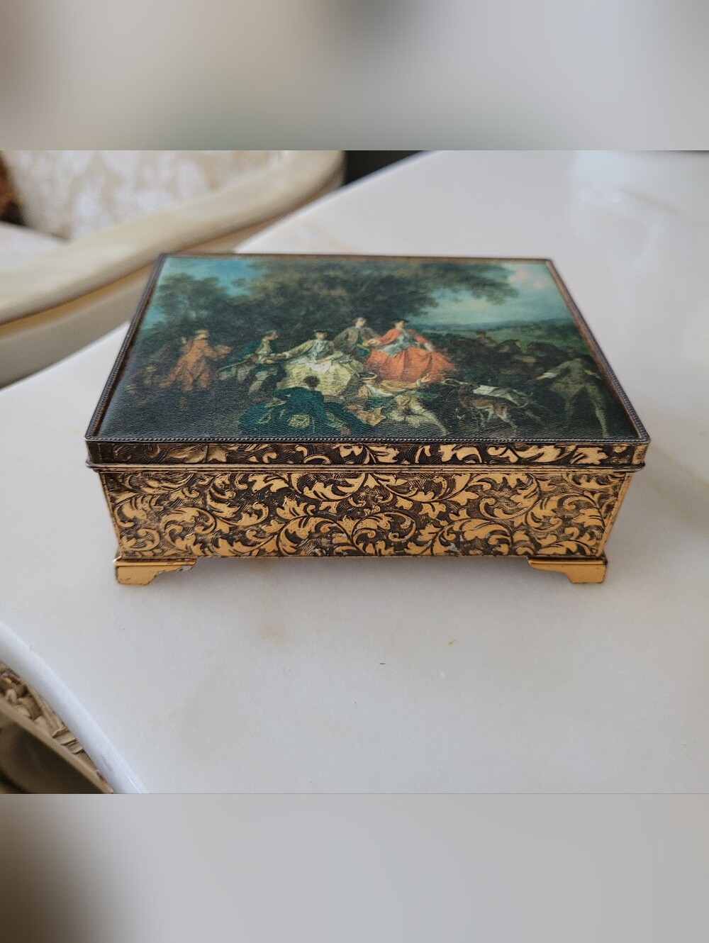 Shmid Brothers Ornate Gold Music Box "The Picnic After The Hunt" Nicolas Lancret - Picture 4 of 16